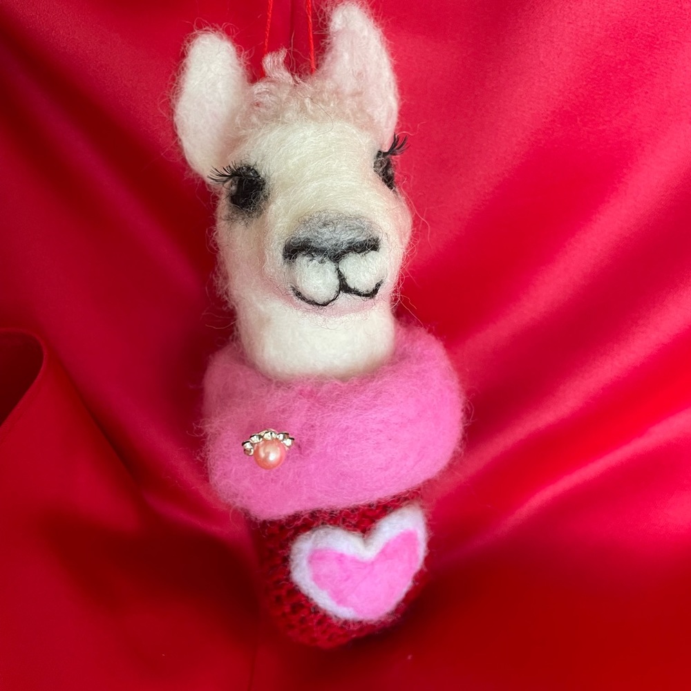 Hand crafted needle felted artisan llama decor valentines gift unique upcycled